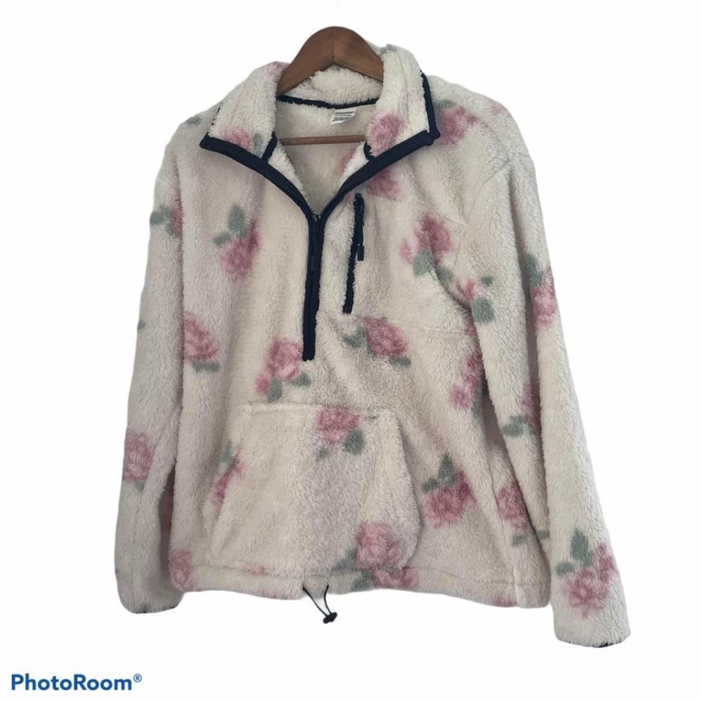 PINK VICTORIA'S SECRET White Floral Rose Quarter Zip fleece comfortable